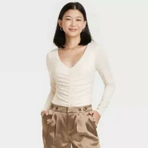 A New Day - Slim Long Sleeve Ruched Bosy Suit NWT - Cream - Stretch XS